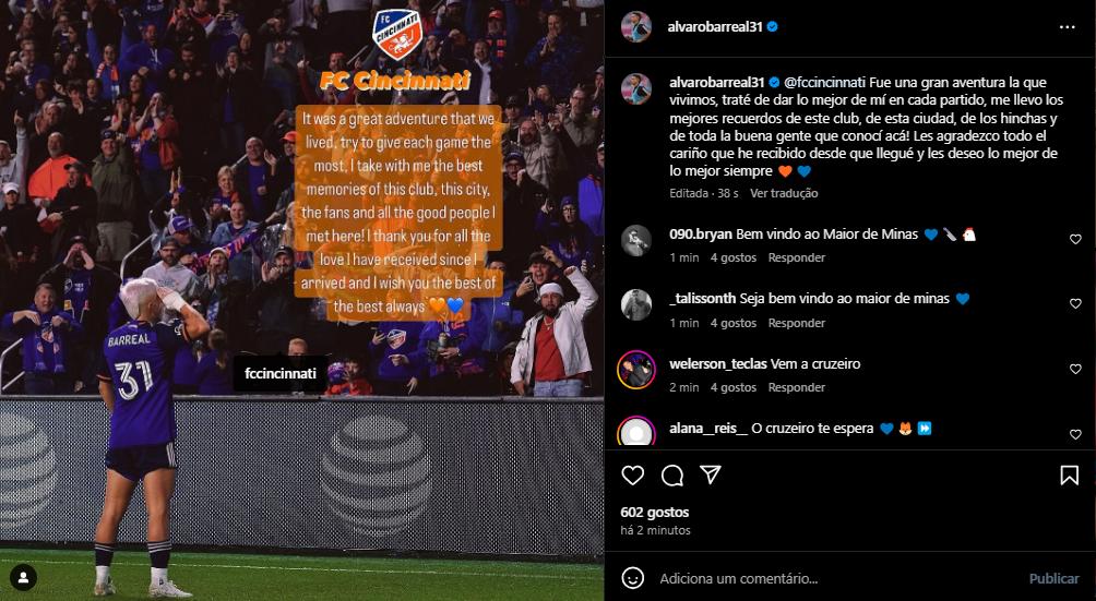 Barreal se despede do FC Cincinnati pelas redes sociais (Reprodução/ Redes Sociais)