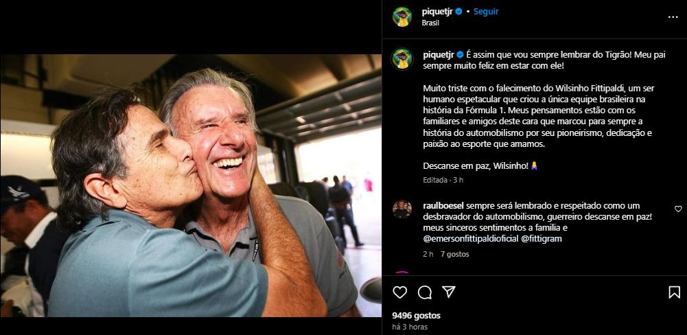 Filho do tricampeão mundial, Nelson Piquet Jr. também lamentou a morte de Wilson Fittipaldi (Reprodução/ Redes Sociais)