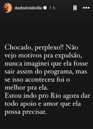 Dado Dolabella publica mensagem após expulsão de Wanessa do BBB (Reprodução / Instagram Dado Dolabella)