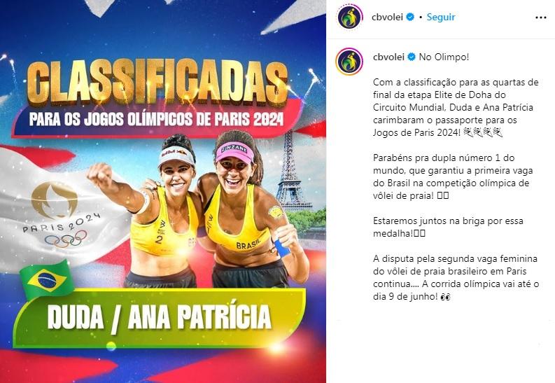 CBV celebra vaga olímpica de Duda e Ana Patrícia (Reprodução / Instagram cbvolei)