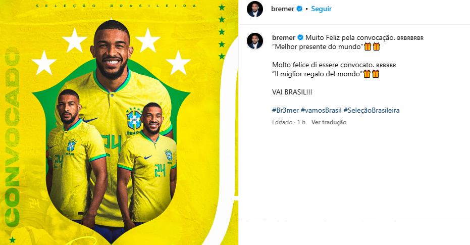 Bremer é convocado por Dorival Jr. no dia que completa 26 anos (Reprodução / Instagram Bremer)