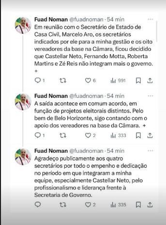 Prefeito Fuad Noman anuncia exonerações em post na rede social (Reprodução / Instagram)