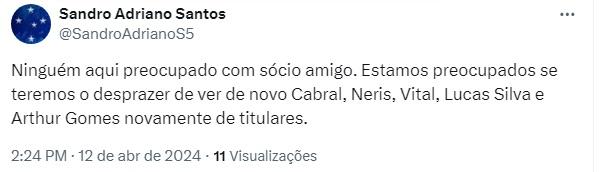 Cruzeirense na bronca com o time após vexame no Mineirão (Reprodução /Twitter Sócio Cinco Estrelas)