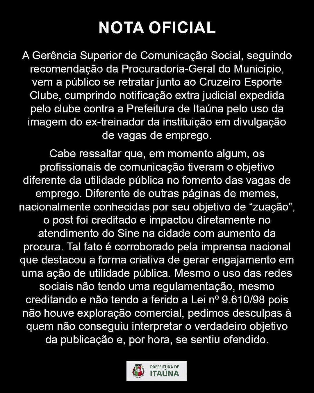 Prefeitura de Itaúna se retrata publicamente junto ao Cruzeiro pelo uso da imagem do ex-treinador Larcamón em anúncio de vagas de emprego (Reprodução/ Instagram Prefeitura de Itaúna)