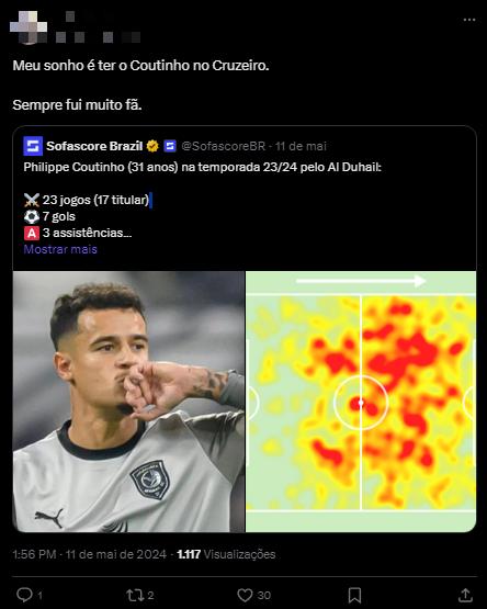 Torcedores do Cruzeiro sonham com contratação de Philippe Coutinho (Reprodução/ X)