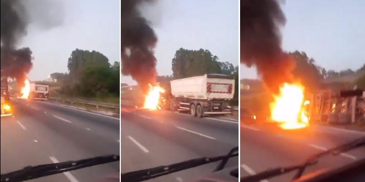 Veículo de cargas pegou fogo após tombar na pista sentido São Paulo (Reprodução/Redes Sociais)