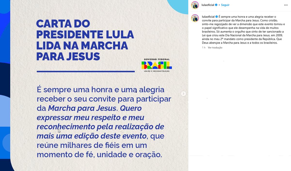 Lula destaca &#34;dimensão extraordinária&#34; da Marcha para Jesus (Reprodução / Instagram Lula)