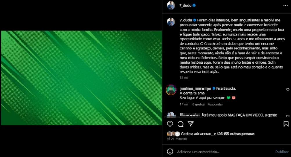 Dudu se pronuncia sobre 'acordo' com Cruzeiro e afirma que fica no Palmeiras (Reprodução/ Palmeiras)