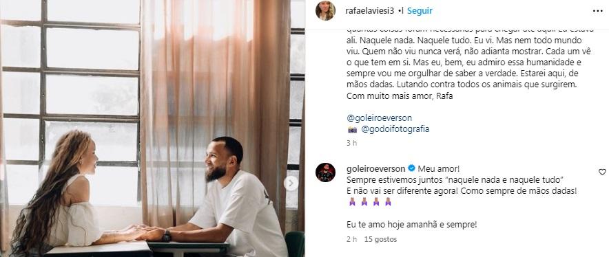 Everson comenta apoio da esposa nas redes sociais (Reprodução / Instagram Rafaela Vieira)