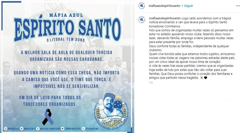 Máfia azul posta nota de pesar pela morte de integrantes da Gaviões da Fiel do Espírito Santo (Reprodução / Instagram Máfia Azul Espírito Santo)