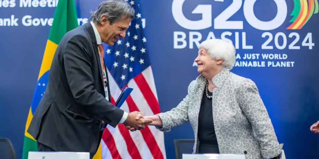 Encontro bilateral entre Brasil e Estados Unidos foi um dos eventos paralelos à 3ª Reunião de Ministros de Finanças e Presidentes de Bancos Centrais, da Trilha de Finanças do G20. (Diogo Zacarias / MF)