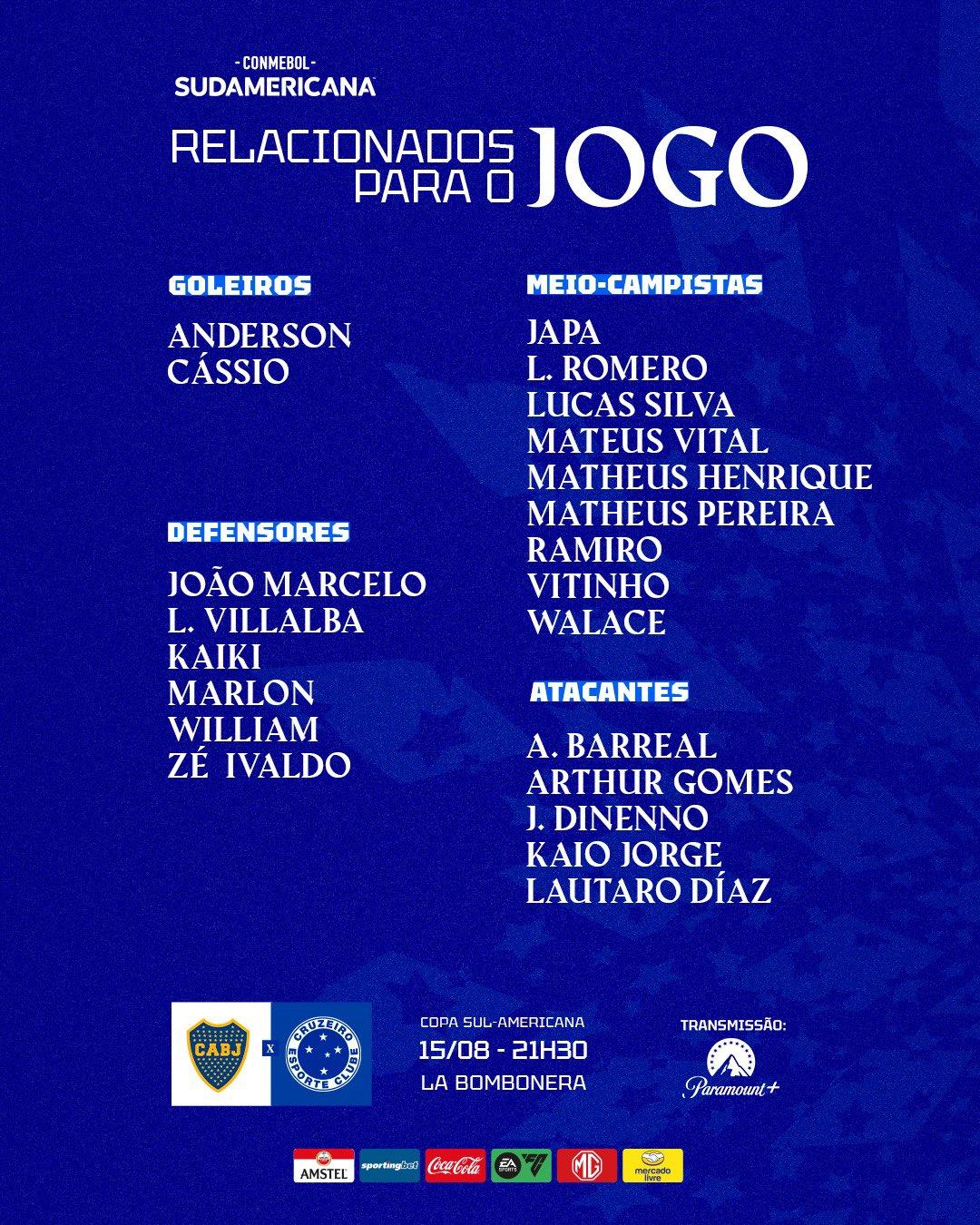 Lista relacionados do Cruzeiro para jogo contra o Boca Juniors (Divulgação / Cruzeiro)