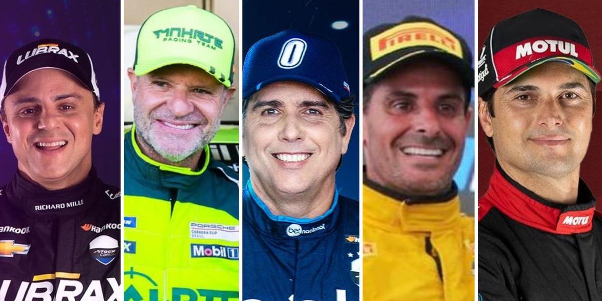 Felipe Massa, Rubens Barrichello, Cacá Bueno, Julio Campos e Nelson Piquet Jr (Reprodução redes sociais)