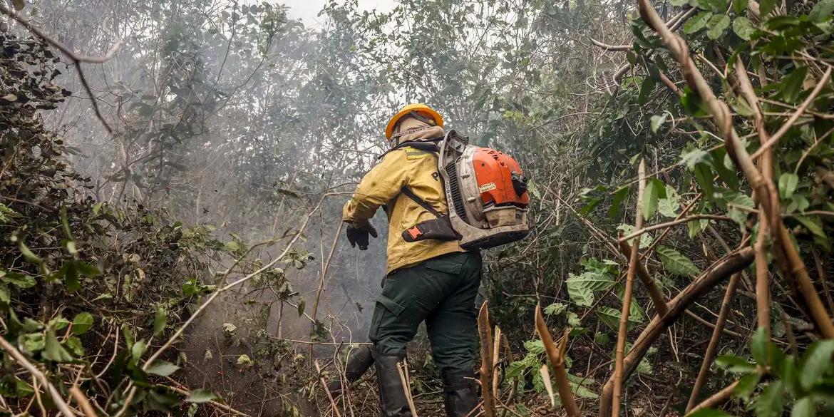 Débora Ávila, a única mulher brigadista do Prevfogo/Ibama em Corumbá. Débora ingressou no Prevfogo após a morte do filho de 5 meses em decorrência de complicações respirátorias causadas pela fumaça dos incêndios ocorridos em 2020 no Pantanal (Marcelo Camargo/Agência Brasil)