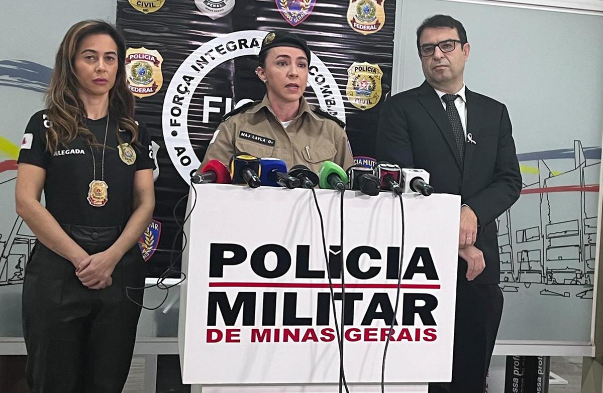 Danúbia Quadros, delegada da Polícia Civil (à esquerda), Layla Brunella, porta-voz da Polícia Militar de Minas Gerais (no meio) e Fabrício Fernando Diogo Braga, delegado regional de Polícia Judiciária da Polícia Federal (PF) (à direita) (Fernando Michel/ Hoje em Dia)