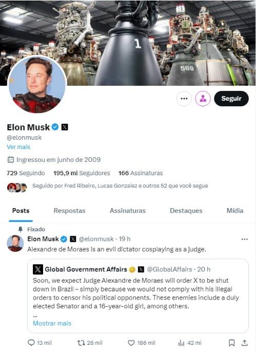 Medida foi tomada após fim do prazo de 24h dado pelo ministro a Elon Musk para indicar um representante legal no Brasil (Reprodução / X)