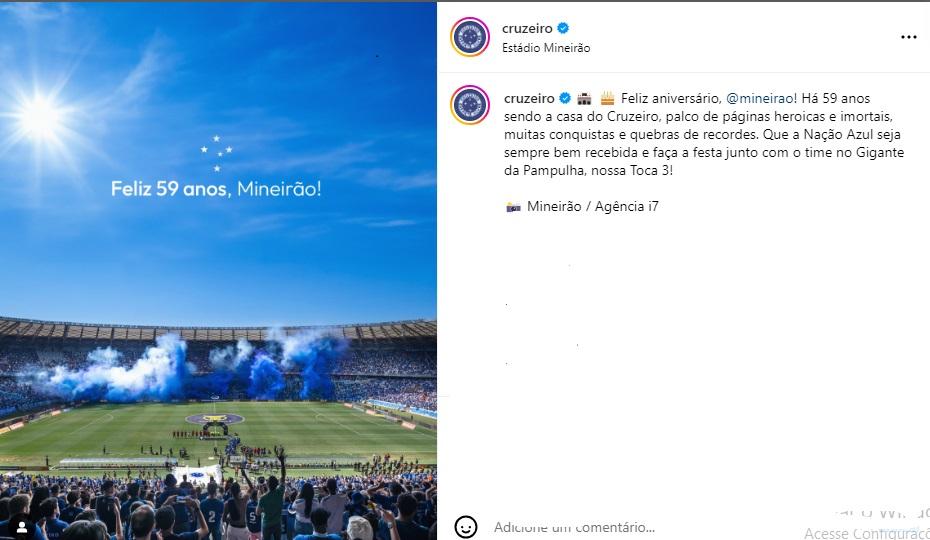 Cruzeiro parabeniza Mineirão pelos 59 anos (Reprodução / Instagram Cruzeiro)