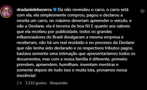 Pronunciamento de Daniele Bezerra, irmã de Deolane Bezerra (Reprodução/ Instagram)