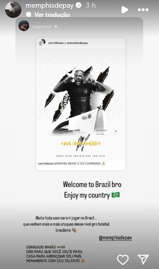 Neymar deseja sucesso a holandês Depay no Corinthians (Reprodução / Instagram Memphis Depay)