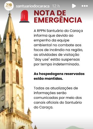 Nota de Emergência Santuário do Caraça (Reprodução / Instagram Santuário do Caraça)