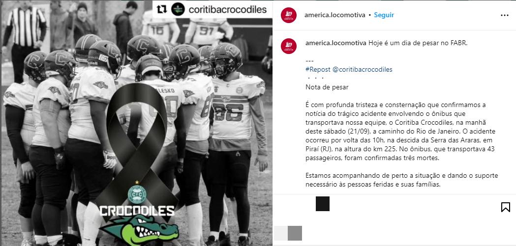 Postagem do time de futebol americano do América nas redes sociais (Reprodução / redes sociais)