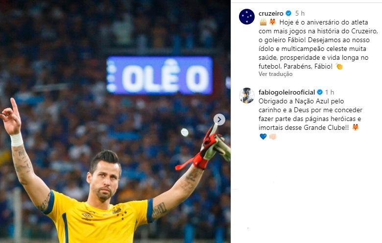 Fábio completa 44 anos e agradece felicitações do Cruzeiro (Reprodução / Instagram Cruzeiro)