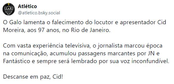 Atlético lamenta morte de Cid Moreira (Reprodução / Bluesky Atlético)