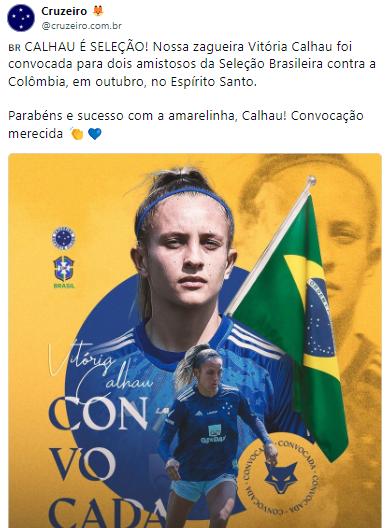 Cruzeiro celebra convocação de Vitória Calhau (Reprodução / Bluesky Cruzeiro)