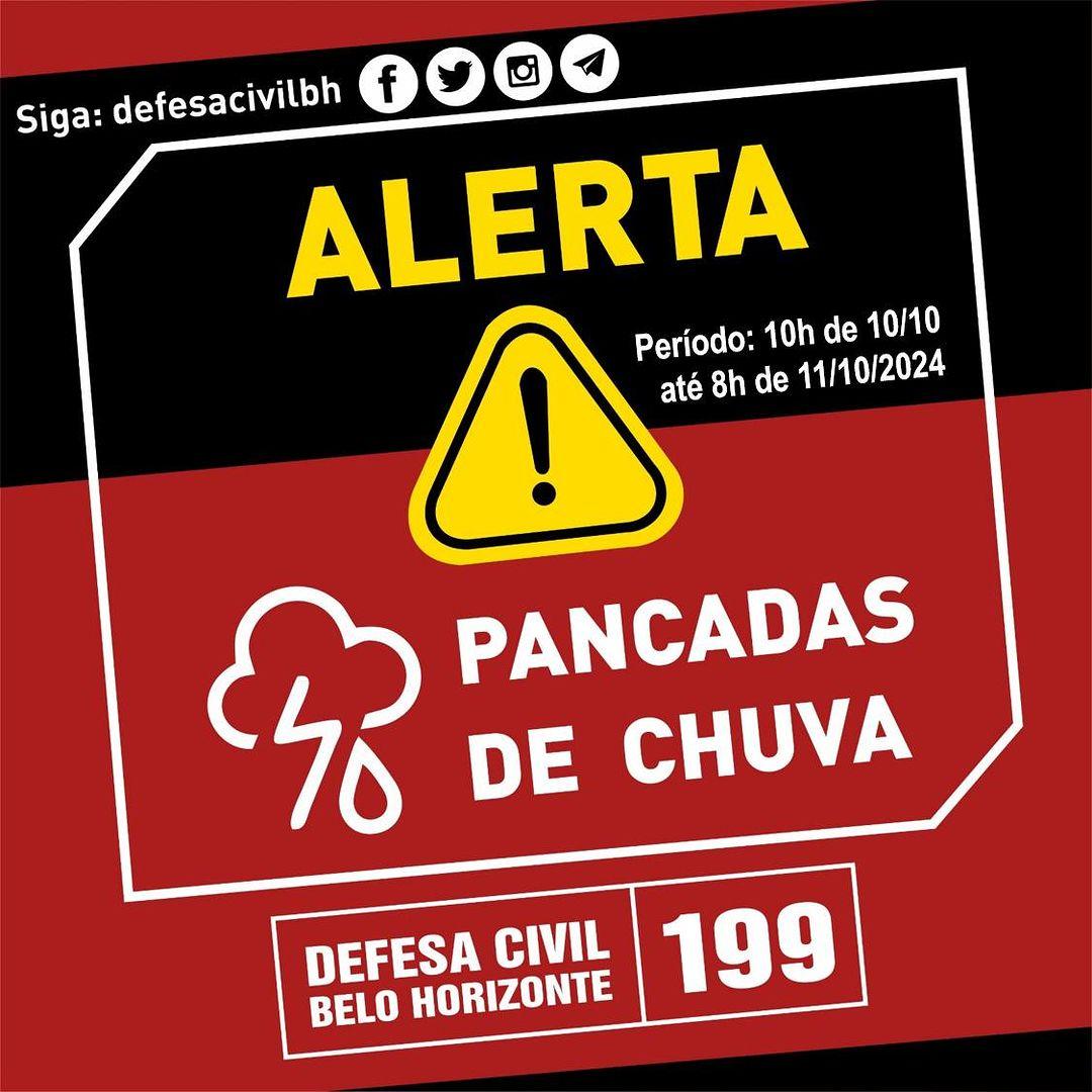 Defesa Civil emitiu um alerta de pancadas de chuva para BH nesta quinta-feira (10) (Reprodução/ Defesa Civil)