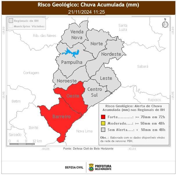 Duas regiões estão sob alerta de risco geológico forte em BH (Reprodução/ Defesa Civil)