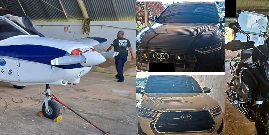 Avião, carros e moto de luxo foram apreendidos durante a ação nesta quinta-feira (MPMG/Divulgação)