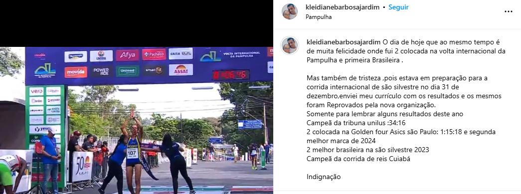 Kleidiane Barbosa desabafa contra organização da São Silvestre após ficar em segundo na Volta Internacional da Pampulha (Reprodução / Instagram Kleidiane Barbosa)