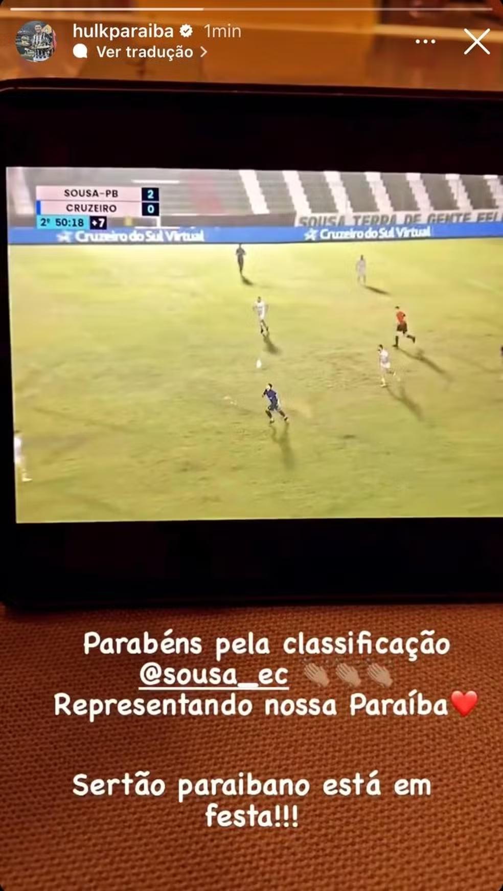 Hulk comemora vitória de Sousa-PB sobre o Cruzeiro (Reprodução / Instagram Hulk Paraíba)