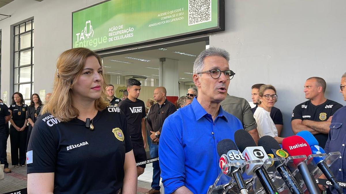 Letícia Gamboge, chefe da PCMG e o governador Romeu Zema durante ação piloto do Tá Entregue (Valéria Marques/Hoje em Dia)