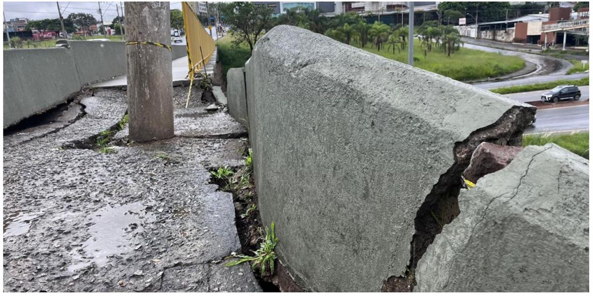 Viaduto no Anel Rodoviário com rachaduras e trecho isolado por sacos de areia e faixa zebrada (Fernando Michel / Hoje em Dia)