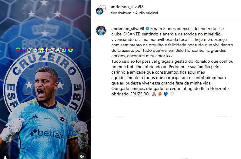 Anderson agradece oportunidade no Cruzeiro em mensagem de despedida (Reprodução / Instagram Anderson)