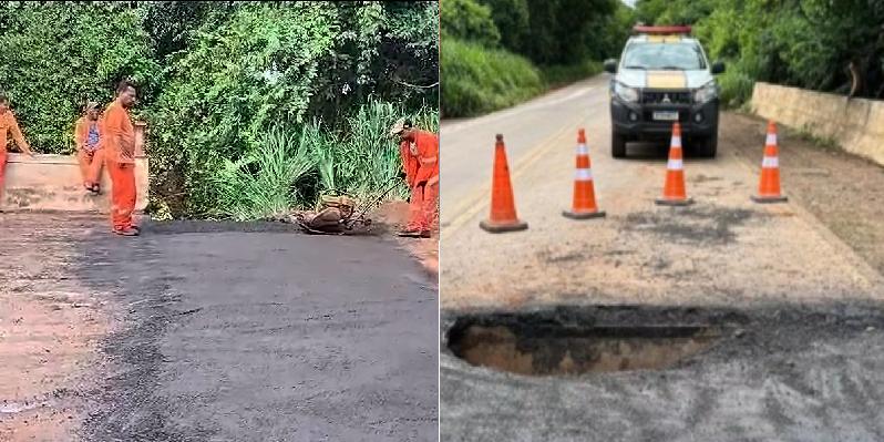 Na primeira imagem, a via recuperada. Ao lado, a cratera na ponte (DER/Divulgação e PMRv/Divulgação)