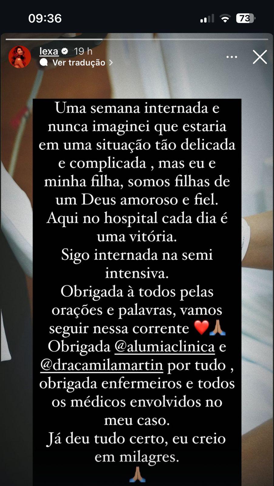 Lexa agradeceu o carinho e o apoio que tem recebido e revelou que está se recuperando aos poucos (Reprodução/ Instagram @lexa)