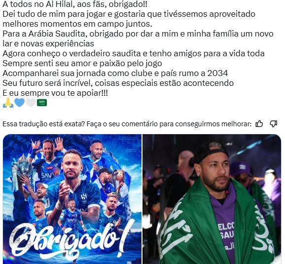 Neymar agradece Al-Hilal (Reprodução / X Neymar)