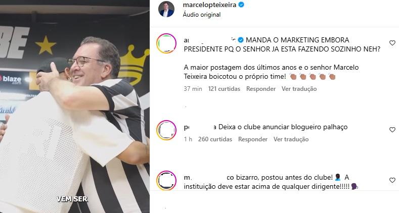 Torcida do Santos na bronca com o presidente da equipe por anunciar Neymar antes do clube (Reprodução / Instagram Marcos Teixeira)