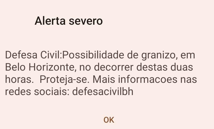 Alerta da defesa civil sobre possibilidade de chuvas e granizo em BH (Reprodução)