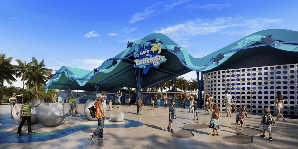 Imagem conceitual do Hot Park na Costa do Sauípe mostra a entrada do parque, trazendo a temática Baía das Tartarugas e ovos e pegadas gigantes (Divulgação / Aviva)