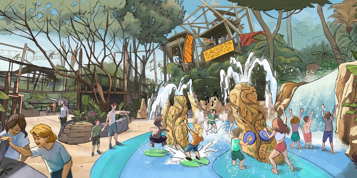 Wild Oasis promete ser a área de aventuras infantis mais imersiva da América do Norte, projetada para estimular a imaginação e envolver todos os sentidos da família (Divulgação / Busch Gardens)