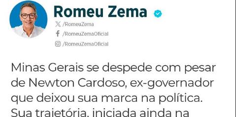 Governador Zema comentou, em uma rede social, a respeito da morte de Newton Cardoso (Reprodução / Instagram)