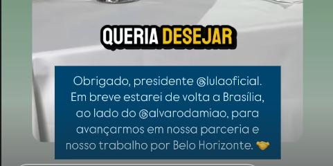 Na mesma rede social, repostou o vídeo com um comentário, agradecendo o desejo de melhoras e com promessa de visitar o Palácio do Planalto assim que possível (Reprodução / Instagram)