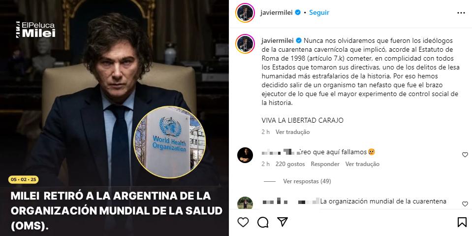 Motivo da saída da Argentina da OMS seriam "divergências profundas" relativas à gestão da pandemia de Covid-19 e, também, em nome da soberania nacional. (Reprodução / Instagram)