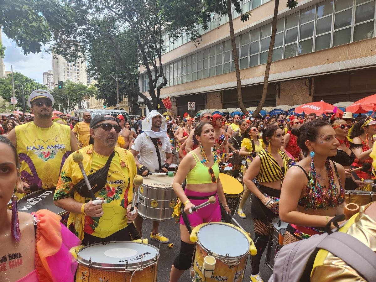 Bateria do bloco Haja Amor, que desfilou neste sábado (1º) de Carnaval pela avenida Brasil (Michael Martins / Hoje em Dia)