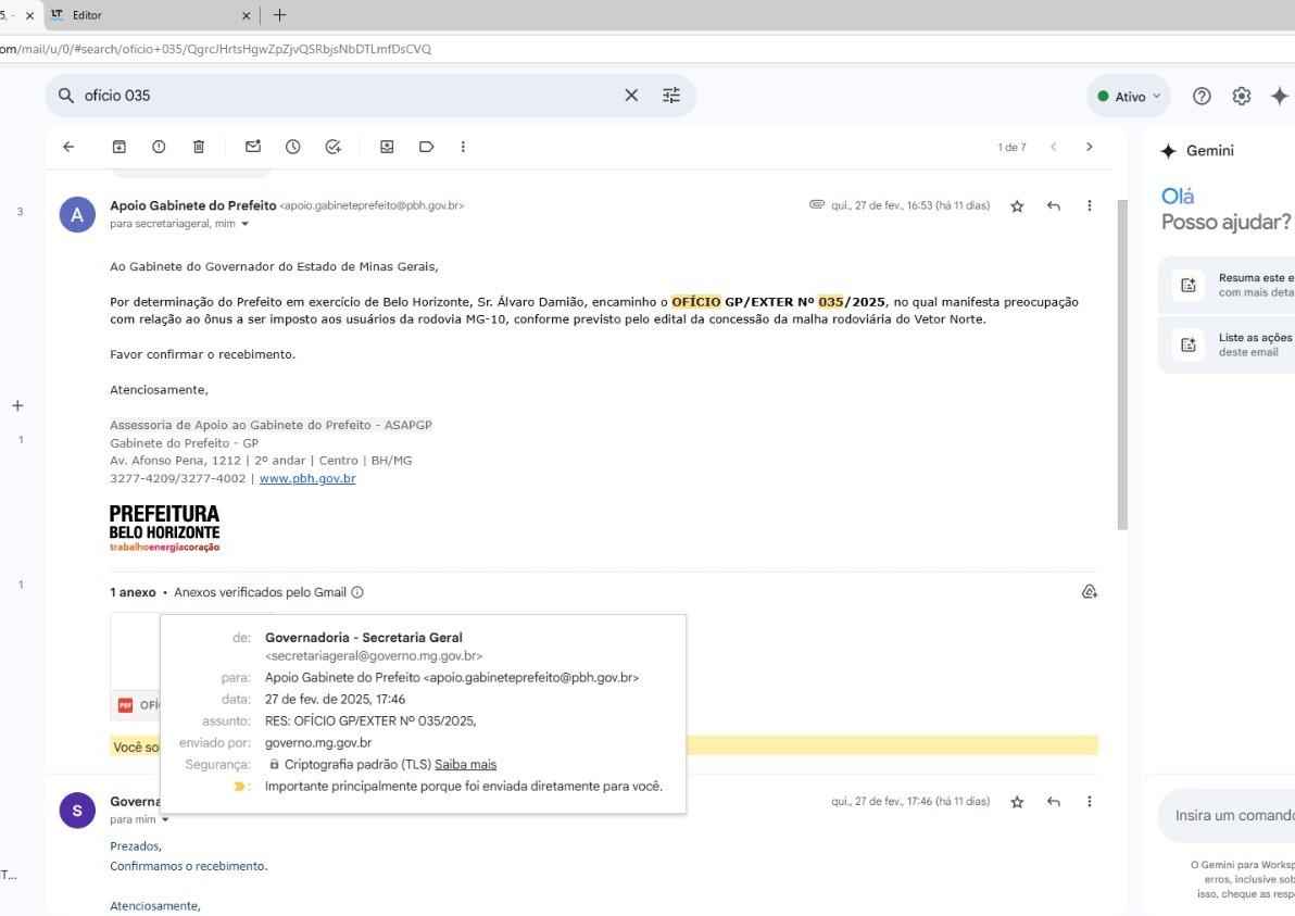 E-mail enviado pela prefeitura de Belo Horizonte para a Secretaria Geral do Governo de Minas (Divulgação/ PBH)