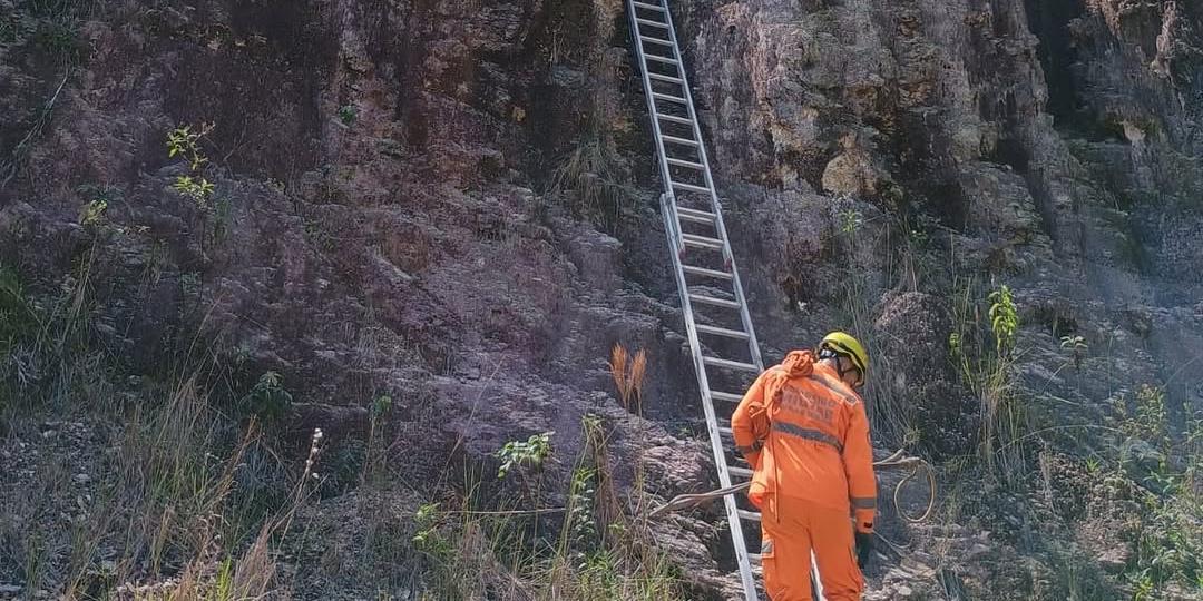 Cão teria caído de um paredão com cerca de sete metros de altura, chamado "Cascalheira" e não conseguiu mais retornar (Divulgação / CBMMG)