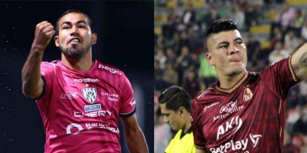 Junior Sornoza, do Independiente del Valle e Michael Rangel, do Tolima (Divulgação/Independiente del Valle e Divulgação/Tolima)